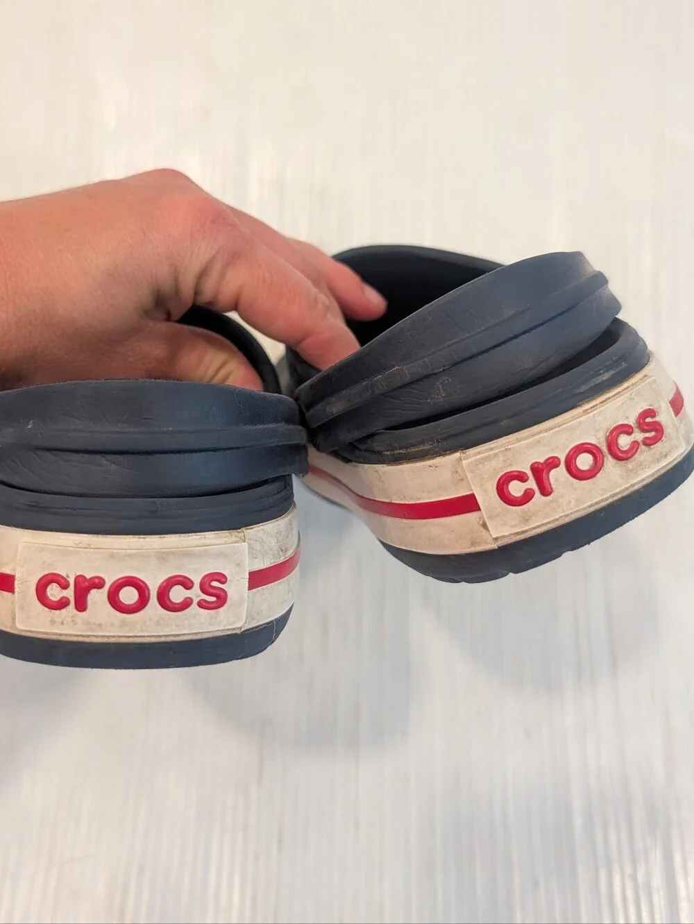 CROCS Kids Navy Crocband Clogs with Red White Sole  Size 4 Youth